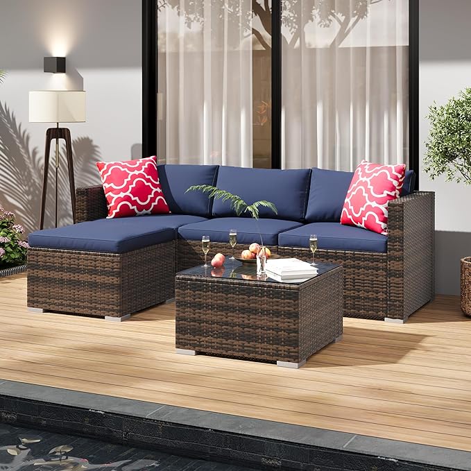 5-Piece Outdoor Sectional Sofa Set, All-Weather PE Rattan Patio Furniture with Ottoman & Tempered Glass Table, Convertible Garden Couch for Backyard, Porch, Poolside (Brown/Dark Blue)