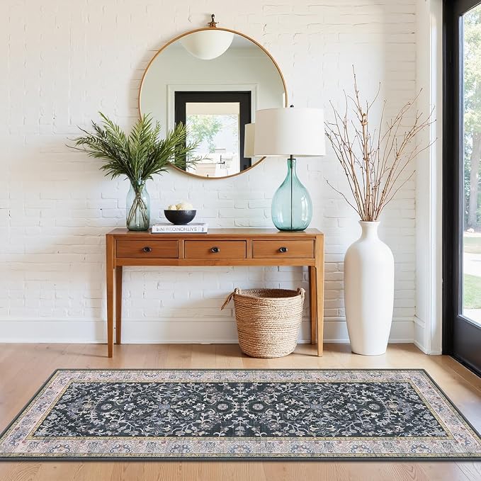 U'Artlines 2' x 6' Boho Hallway Runner Rug, Non Slip Runners, Dark Grey | Washable, Vintage Farmhouse Kitchen Rug, Accent Area Carpet, for Entryway Laundry and Living Room