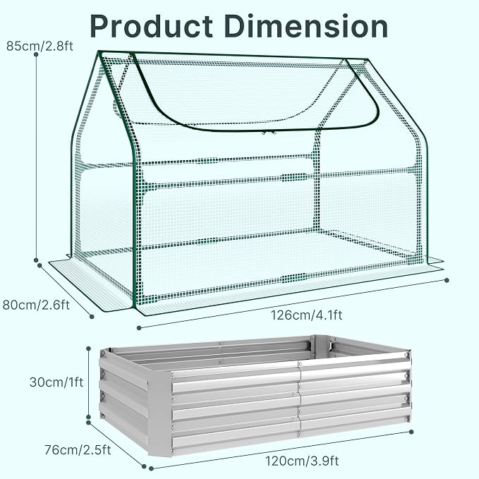 Miory Raised Garden Bed with PE Cover, 4x2.5x1 FT Galvanized Planter Box Outdoor with Mini Greenhouse, 2 Zippered Windows for Vegetables, Flowers, Includes Plant Labels & Gloves