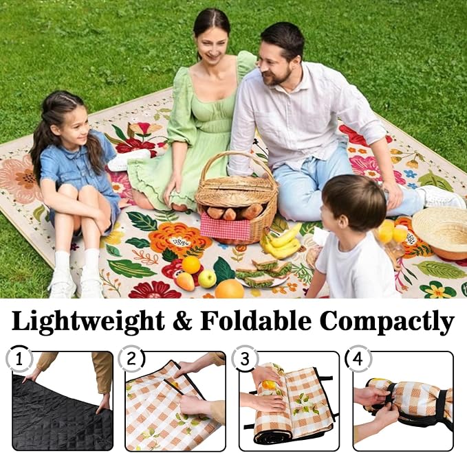 Picnic Blankets Waterproof Foldable Extra Large,80"x 80" Outdoor Beach Blanket Sandproof,3-Layer Lightweight Handy Mat Tote Picnic Camping Rugs for Outside Your Rv (Boho Vintage Floral)