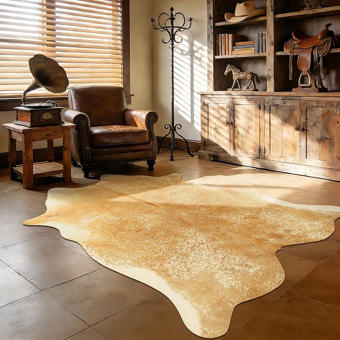 3x4Ft Beige Faux Cowhide Rug - Washable Non Slip Western Rustic Area Rugs for Living Room Bedroom, Small Cow Print Accent Rug, Layering Throw for Office Desk, Vintage Farmhouse Decor