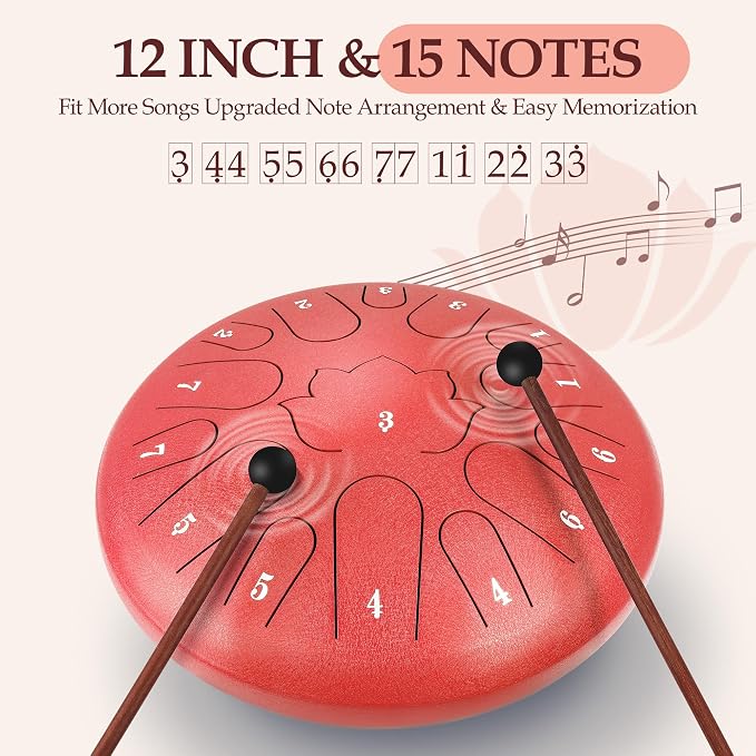Red Steel Drum - 15 Note 12 Inch Steel Tongue Drum - Handpan Drum Music Book, Rain Drums Mallet, and Carry Bag