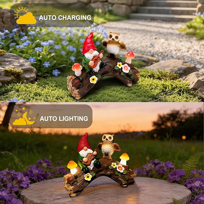 Solar Garden Statues Owl Gnomes Outdoor Decor Resin Owl Figurine with Mushroom Lights for Patio Lawn Yard Decorations Christmas Birthday Housewarming Gardening Gifts for Women Mom