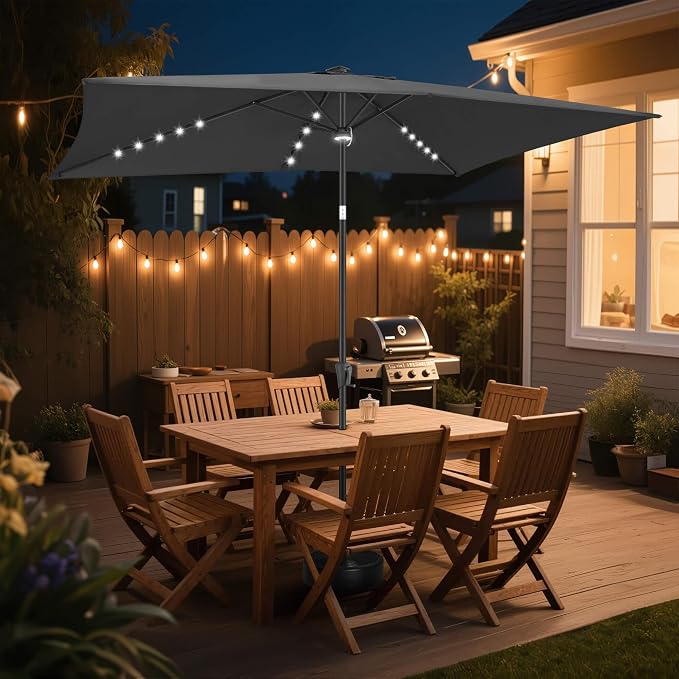 6.5x10 FT LED Lighted Rectangular Solar Patio Umbrella, Rectangular Solar Umbrella Outdoor with Center Ring Light 28 LED Lights, Rectangle Table Umbrella for Deck, Pool, Beach, Anthracite