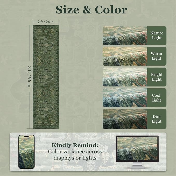 Tranditional Medallion 2x8 Dark Green Runners for Hallways Entryway, Low Pile Washable Non Slip Distressed Printed Carpet Runner Rug 8ft for Kitchen/Bedroom Bedside/Laundry Room/Bathroom