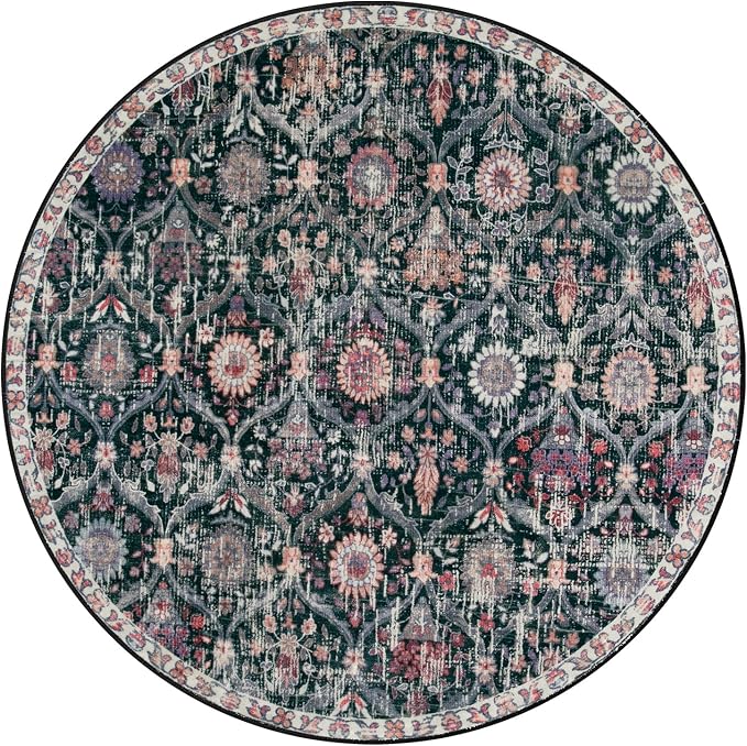 Lahome Moroccan Washable Round Area Rug, Soft Round Rugs 6ft Ultra-Thin | Non-Slip Trellis Vintage Large Circle Carpet for Bedroom Living Room Kitchen Nursery Elise, Black Multi