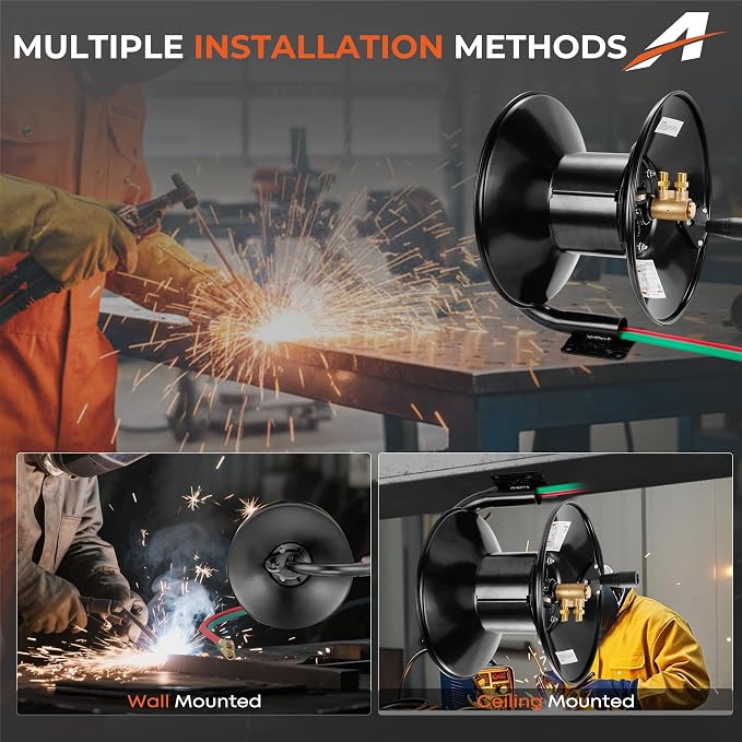 Manual Twin Welding Hose Reel Holds 100 ft of 3/8" or 1/4" Gas Hose,Universal Mounting Bracket for Wall, Ceiling or Cart (Hose Not Included)