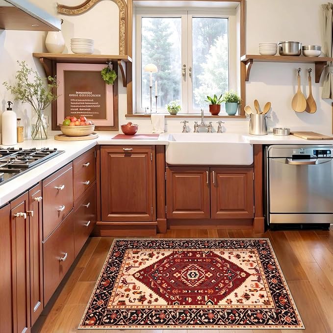 SERISSA 2x3 Washable Non Slip Boho Small Area Rug for Entryway，Red Black | Ultra Soft Vintage Oriental Carpet Low-Pile Tribal Indoor Mat for Bedroom Kitchen Bathroom Entrance Floor