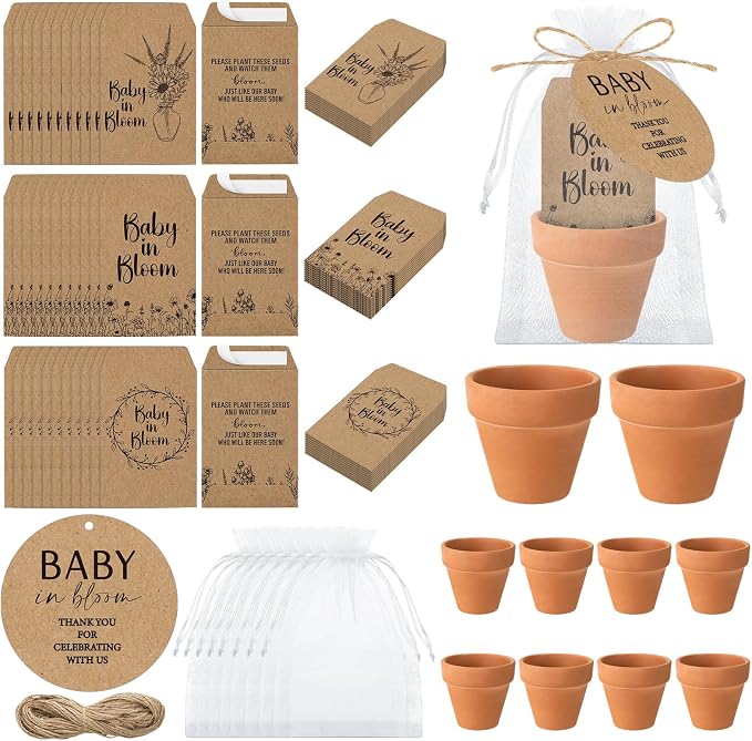 Reallnaive Baby Shower Party Favors Baby in Bloom Envelopes Seed Packets Include 24 Mini Terracotta Pots Seed Packets 24 Self Adhesive Envelopes Thank You Tags Gifts for Party(Kraft Paper)