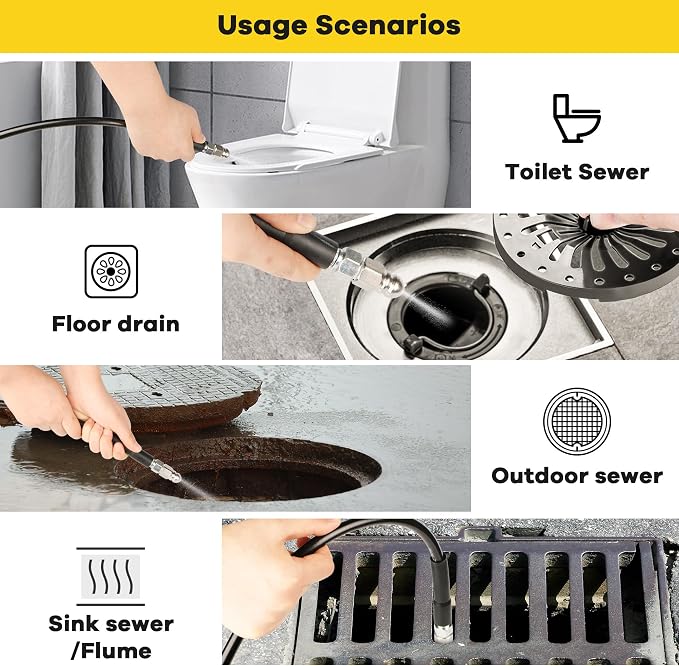 Pressure Washer Drain Jetter – Sewer Jetter Kit for Pressure Washer 50ft 1/4 Inch NPT Hose Nozzles and Adapter 5800PSI Clears Clogs in Pipes & Sewer Lines