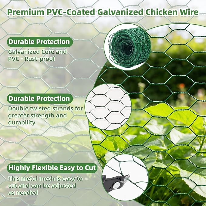 Chicken Wire for Floral Arrangements - Hexagonal Galvanized PVC Coated Poultry Wire Mesh Netting with Gloves, Wire Cutter & Zip Ties for Crafts, Poultry, Gardening Fence (15.7 x 118 lnches)