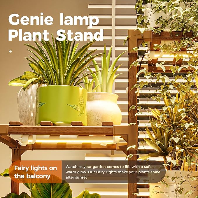 Bamworld Plant Stand with Grow Light Plant Shelf for Mutiple Pots Large Plant Holder for Living Room Patio Boho Home Decor for Gardening Warm Light