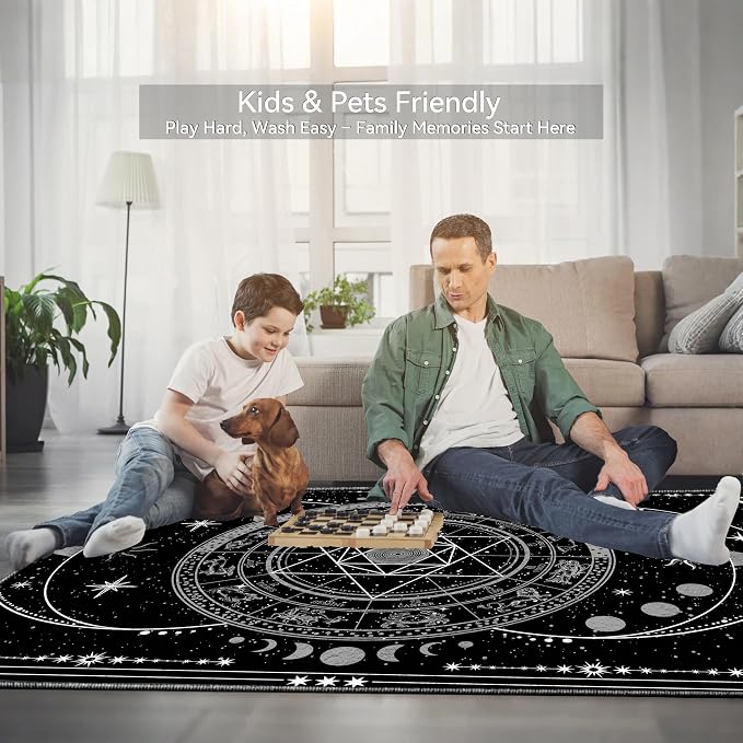 Nayoroom Black Celestial Witchcraft Area Rug, Machine Washable, 8 x 10 ft | Moon phases and tarot motifs; Gothic style; Soft surface; Machine washable; Non-slip backing; Bedroom or altar space