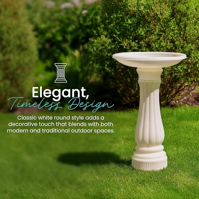 Union Products Bird Bath for Outside, Round Outdoor Patio Lawn and Garden Decor with Fillable Base for Stability, 17"D x 25"H, White
