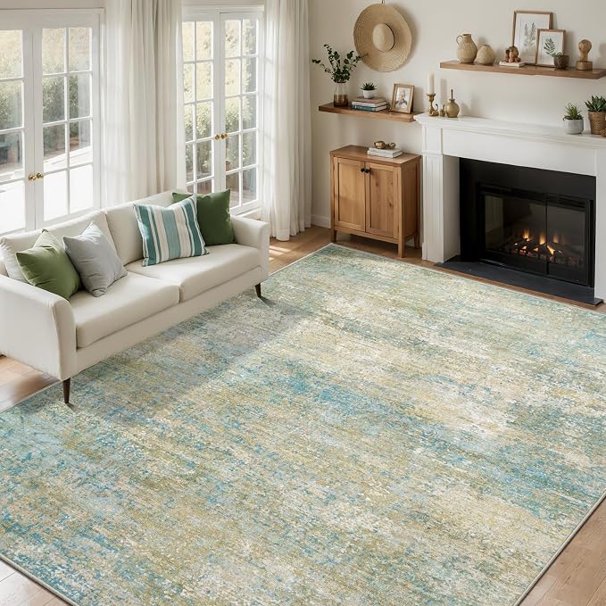 Tangsoo Abstract 6x9 Washable are Rugs for Living Room, Non Slip Large Rug | Modern Contemporary Indoor Carpet, Soft Low Pile Foldable Floor 5x7 Rug for Bedroom Dining Room Dorm Blue Beige Home Decor