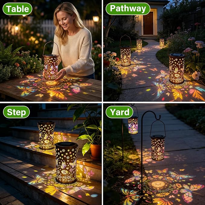 2-Pack Colorful Butterfly Solar Lanterns Outdoor Waterproof, Upgraded Garden Decor Metal Butterfly Hanging Solar Lantern for Outside Patio Tree Table Front Porch Decor, Gifts for Mother Grandma Women