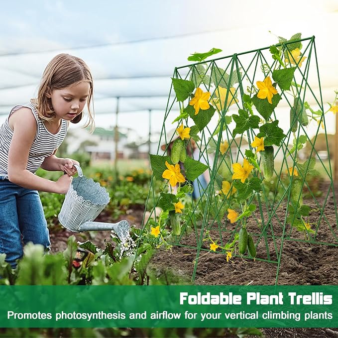 DoCred Cucumber Trellis, 39.4" H 2 Pack Metal Foldable Thickened A Frame Garden Trellis for Raised Bed Climbing Plants, Vegetables, Including Plant Support Clips, Twist Ties, Plastic Ties, Green