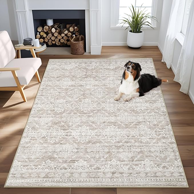 Area Rug 3x5 Geometric Rug: Washable Boho Moroccan Rugs Soft Farmhouse Rug, Modern Neutral Stain Resistant Indoor Floor Carpet for Livingroom Bedroom Dining Table Nursery(Ivory Mocha,3'x5')
