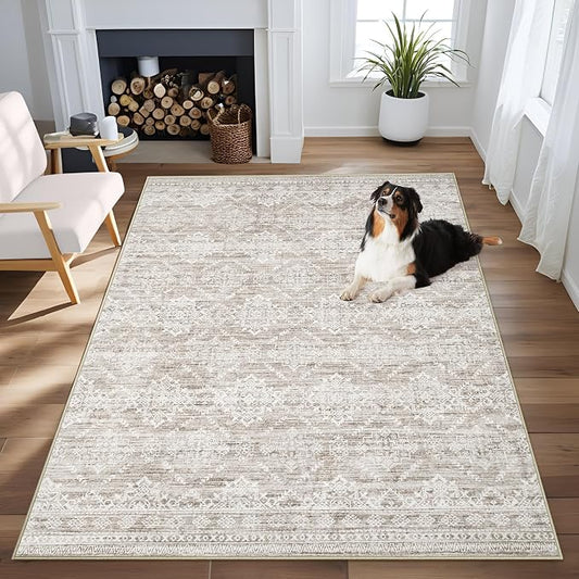 Area Rug 3x5 Geometric Rug: Washable Boho Moroccan Rugs Soft Farmhouse Rug, Modern Neutral Stain Resistant Indoor Floor Carpet for Livingroom Bedroom Dining Table Nursery(Ivory Mocha,3'x5')