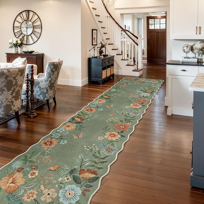 Lahome Floral Hallway Runner Rug Non Slip, 2'6''x10' Washable Runner Rug | Soft Kitchen Runners for Hallways, Distressed Carpet for Entryway Bathroom Flore (Green)