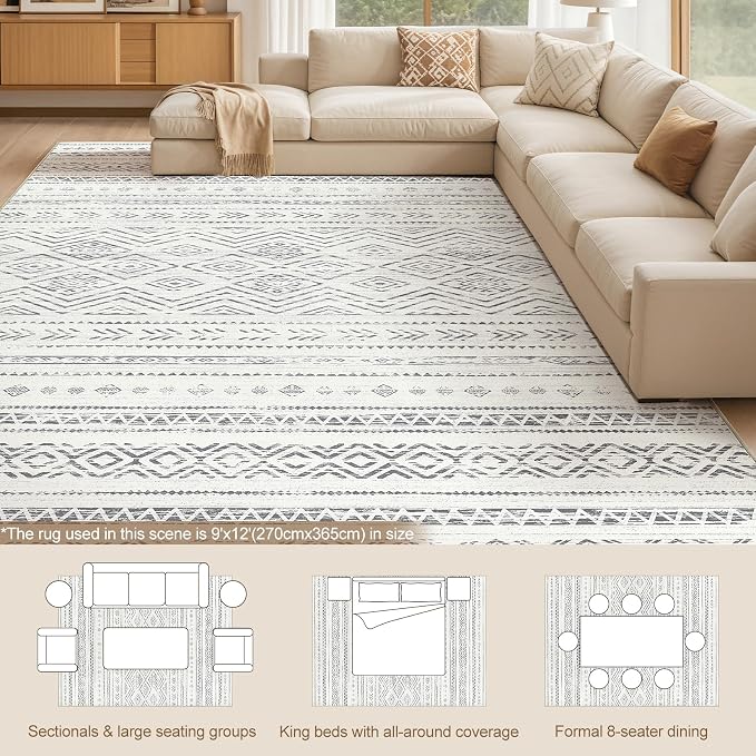 Tortania Area Rug Living Room Rugs- 9x12 Washable Large Soft Neutral Boho Moroccan Bohemian Farmhouse Rug Indoor Floor Carpet for Bedroom Under Dining Table Home Office Decor - Beige Gray