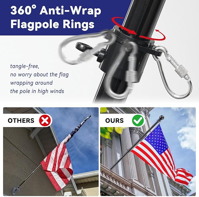 American Flag and Flag Pole for House Outside, 5ft Heavy Duty Flag Poles Kit with 3x5 Embroidered USA Flag, Tangle Free Steel Black Flag Pole with Bracket for Residential, Commercial, Outdoors Garden