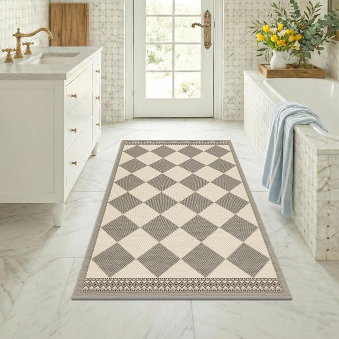 Gray and Cream Checkered Easy Jute 3x5 Outside Area Rug Outdoor Porch Decor, Entryway Rugs Indoor Diamond Geometric Pattern Mat, Patio, Backyard or Entry, Boho Farmhouse Style Washable Non Skid Mat
