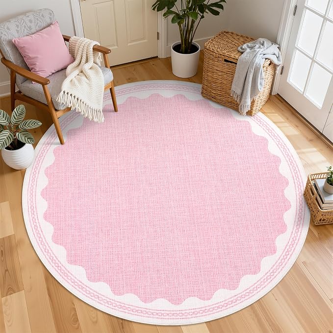 GarveeHome Scalloped Edge Solid Pink 4ft Round Rug Circle Modern Minimalism Washable Non-Slip Soft Ultra-Thin Carpet for Living Room Kitchen Bedroom Nursery Dining Room