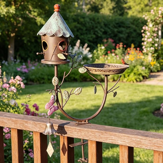 HLQMFHT Deck Bird Bath, Metal Bird Bath and Bird Houses, Decorative Deck Mounted Bird Baths, Detachable and Adjustable Sturdy Deck Bird Bath for Outdoor Porch Yard Garden Decoration