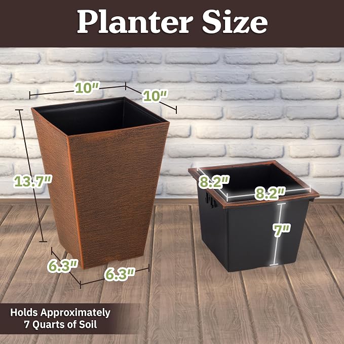 Large Outdoor Planters 2-Pack - 13.75-Inch Tall Planters for Outdoor Plants or Indoor Pots for Plants - Plastic Flower Pots for Patio, Entryway, or Front Porch Decor by Pure Garden (Bronze)
