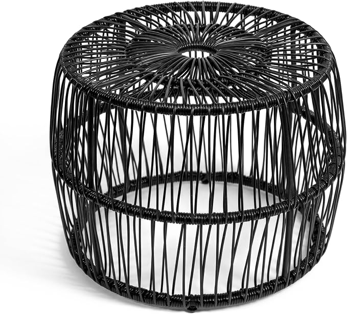 Furniture of America Ysar Boho Rattan Round Coffee Table Outdoor with Metal Frame, All-Weather and Rust Resistant, Handcrafted Coastal Furniture for Patio, Poolside, Garden, Yard, Black