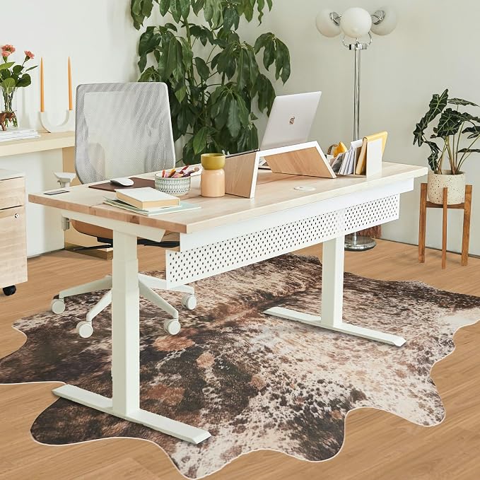 Brown Large Faux Cowhide Rug 6.2x7.6ft Washable Cowhide Rug | No-Slip Low Pile Animal Print Western Decor for Living Room Bedroom Kitchen Bathroom-No Fur