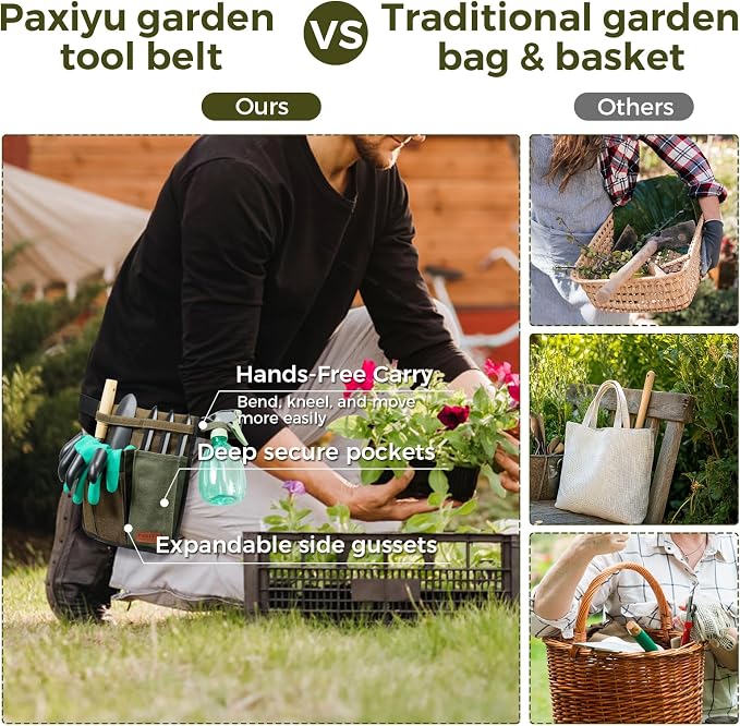 Garden Tool Belt for Women & Men, Slim Denim Garden Apron with 4 Pockets, Lightweight Adjustable Tool Pouch for Gardening, Florist, DIY & Craft, Green