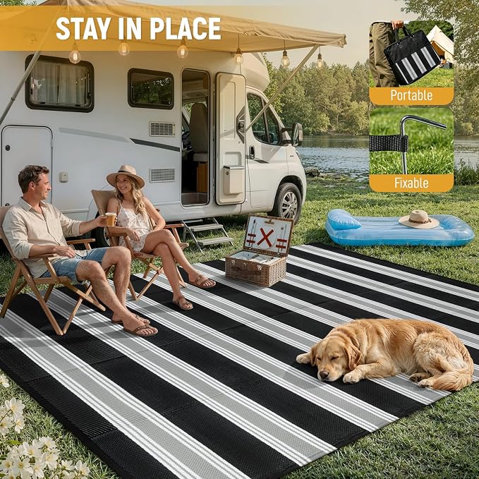 Lahome Striped Outdoor Rug Waterproof, 6x9 Reversible Outdoor Plastic Straw Rug for Camping, RV Patio Rugs Large Carpet for Porch Deck Backyard Balcony Picnic(Black/Grey,6'x 9')