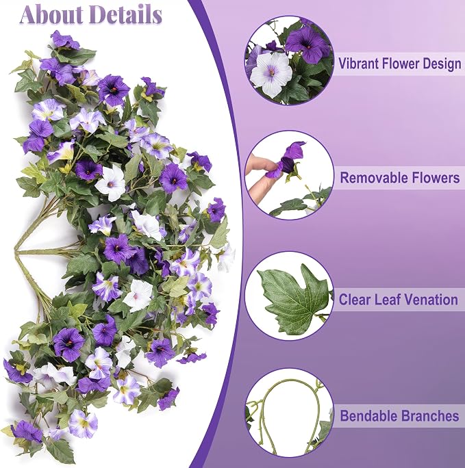 Ammyoo Artificial Hanging Fake Flowers with Basket Plants for Outdoor Decoration, Faux Silk Flower UV Resistant Morning Glory for Home Porch Patio Garden Balcony Yard Look Real (Purple White)