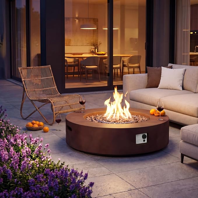 COSIEST Outdoor Propane Fire Pit Coffee Table w Dark Bronze 42 inch Round Base Patio Heater, Certified, 50,000 BTU Stainless Steel Burner, Free Lava Rocks, Waterproof Cover