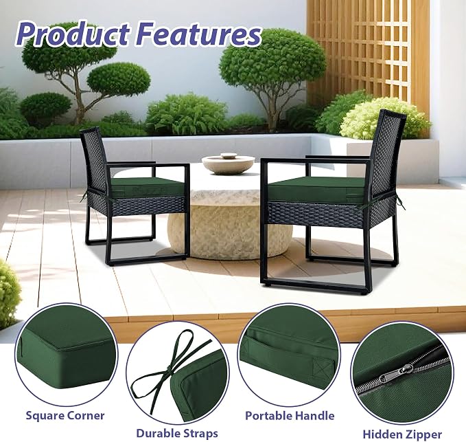 IPYNBAP Outdoor Chair Cushions Set of 4 -Waterproof Outdoor Seat Cushions for Patio Furniture, Patio Chair Cushion with Handle and Ties, Out Door Chair Pads,17x16x2-Square, Forest Green