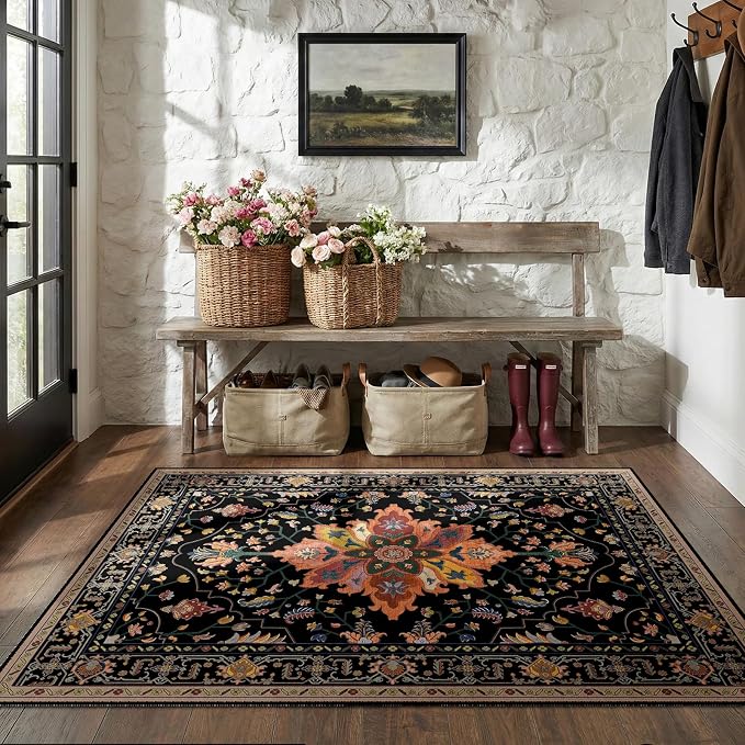 RELEANY Washable Area Rug, 3'x5', Black/Colorful | Non-Slip, Water Repellent, Pet Friendly, Easy to Clean, Vintage Floral Boho Decor for Living Room Bedroom Beside Kitchen