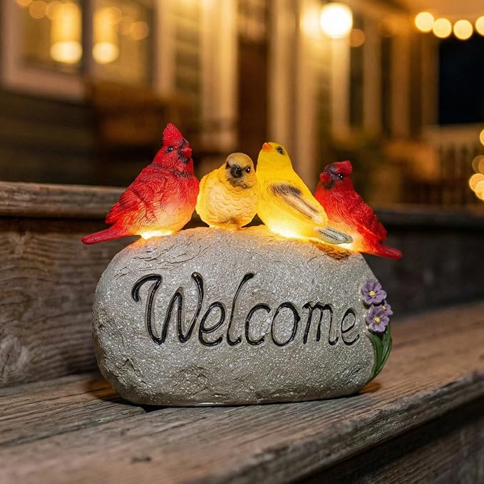 Solar Garden Statues Outdoor Decor, Welcome Sign Garden Sculptures Statue Novelty Birds Figurine Decoration for Patio Yard Porch Art Home Decor or Gifts for Mom Grandma