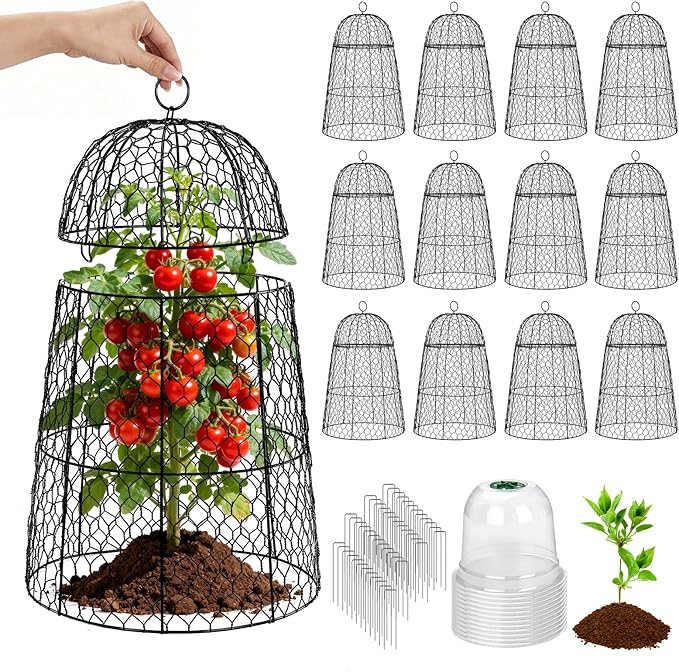 12 Pack XL Metal Garden Cloches for Plants, 17" Height Rustproof Chicken Wire Cloches for Seedlings, Vegetables & Flowers, Plant Protectors from Animals Includes 12 Humidity Domes & 48 Stakes - Black