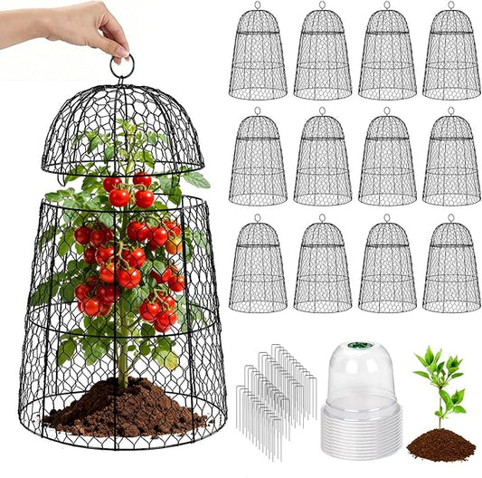 12 Pack XL Metal Garden Cloches for Plants, 17" Height Rustproof Chicken Wire Cloches for Seedlings, Vegetables & Flowers, Plant Protectors from Animals Includes 12 Humidity Domes & 48 Stakes - Black