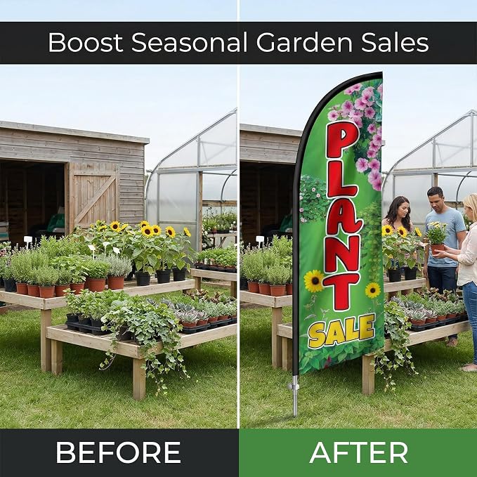 8FT Plant Sale Feather Flag with Pole & Ground Spike, Outdoor Garden Advertising Banner with Carry Bag, Eye-Catching Storefront Display for Plant Shop
