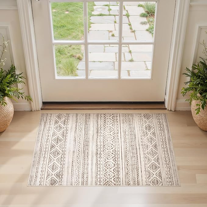cotiled Washable 2x3 Entryway Rugs: Boho Moroccan Soft Small Rug | Solve Modern Neutral Trendy Home Decor - Stain Resistant for Bathroom Entryway Kitchen Laundry Dark Brown