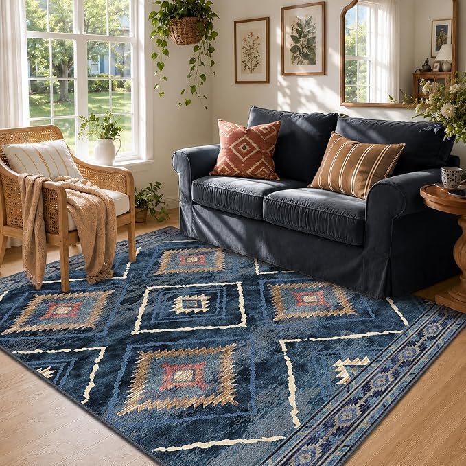 4'x6' Washable Area Rug for Living Room Bedroom Darkblue | Soft Western No Slip Low Pile Print Foldable Indoor for Kitchen Dining Room