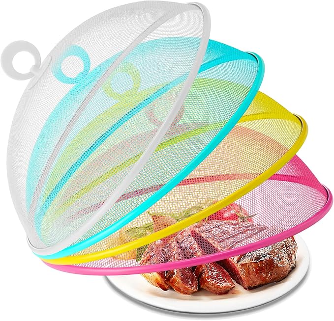 Foaincore 8 Pcs Metal Mesh Food Covers Tent Umbrella 11 Inch Outside Mesh Food Net Tents Dome Screen Plate Covers for Outdoor Picnic Camping Keep out Flies Bugs Mosquitoes(Yellow, White, Pink, Blue)