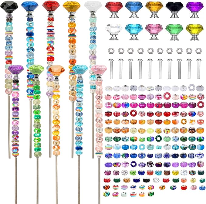 230pcs Beaded Garden Stakes Kit Fairy Garden Stakes Includes 10 Colorful Crystal Top 200 Round Colorful Bead 10 Stainless Steel Threaded Rods and Nuts for Outdoor Decoration(Diamond Style)