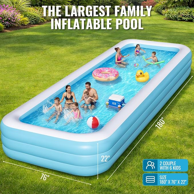 Large Inflatable Pool 180" x 76" x 22" Oversized Swimming Pool for Kids and Adult, Family Blow Up Pool with Air Pump, Durable Thickened Backyard Kiddie Pool for Outdoor, Garden, Summer Water Party