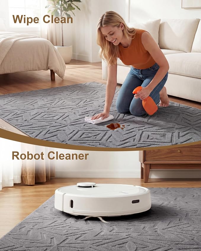 Carvapet Washable 6.5' Round Rug High Low Pile Area Carpet | Soft plush non-slip indoor floor rug, ideal for living room, bedroom, home and kids nursery decor
