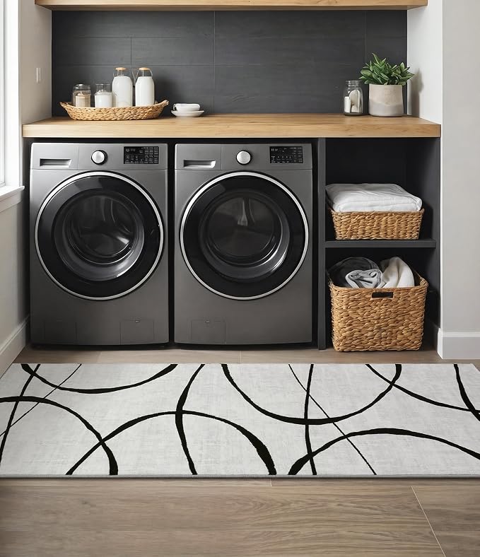 2x6 Washable Modern Black White Kitchen Runner Rug | Ultra-Thin Low Pile, Non-Slip TPE Backing, Soft Stain Resistant, Machine Washable, for Bedroom Livingroom High Traffic