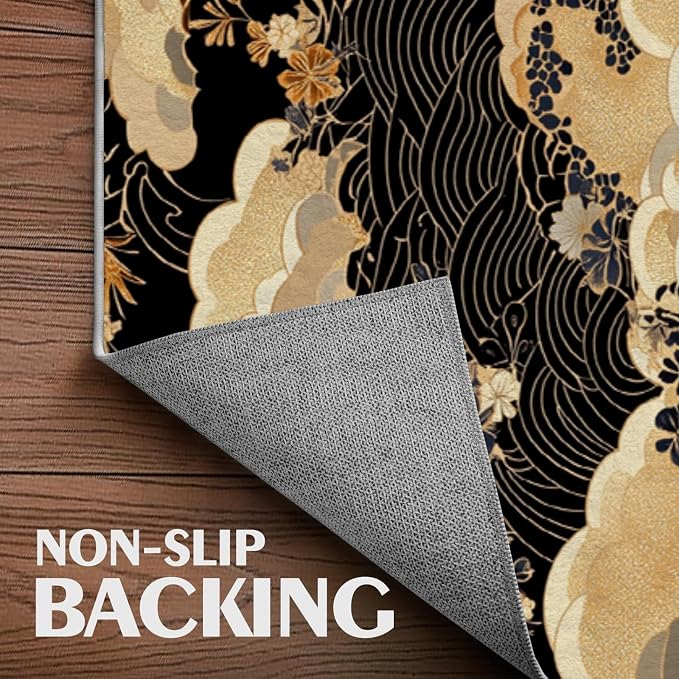 2x3 Black Area Rugs Boho Japanese Rug for Bathroom Kitchen Entryway Indoor Soft Non-Slip Thin Carpet Modern Abstract Rugs for Office Dining Room Under Table Washable Machine